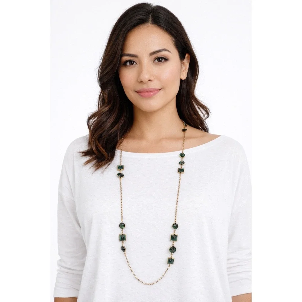 J.Crew Long Necklace Gold Tone Emerald Green Geometric Resin Stones 103-37